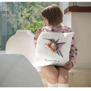Coussin Vol coloré, aquarelle colibri personnalisé
