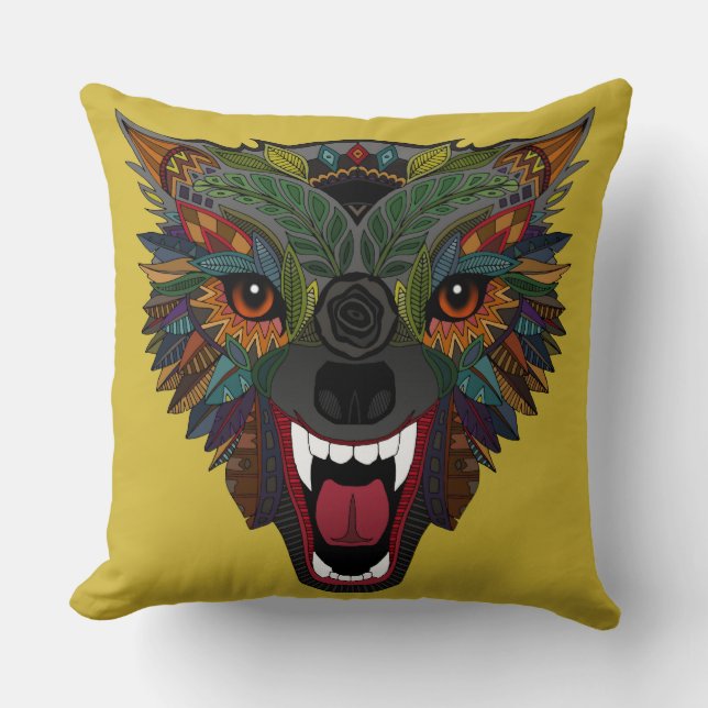 Coussin vol de combat de loup jaune (Recto)