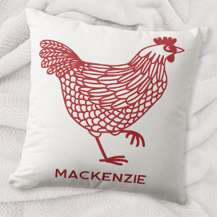 Coussin Volaille de poule blanche personnalisée Rouge et b
