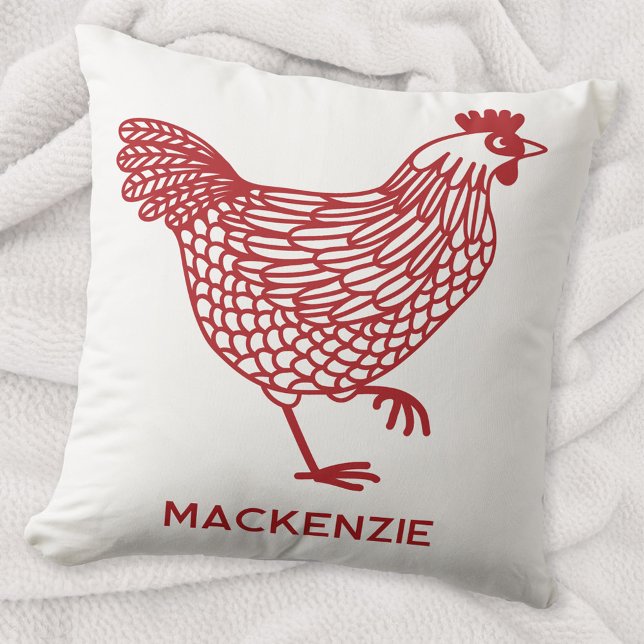 Coussin Volaille de poule blanche personnalisée Rouge et b (Personalized name red chicken hen poultry farmhouse throw pillow)