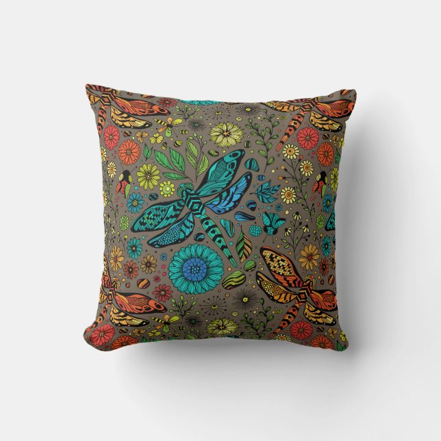 Coussin Voler, libellule de mouche sur brun (Recto)