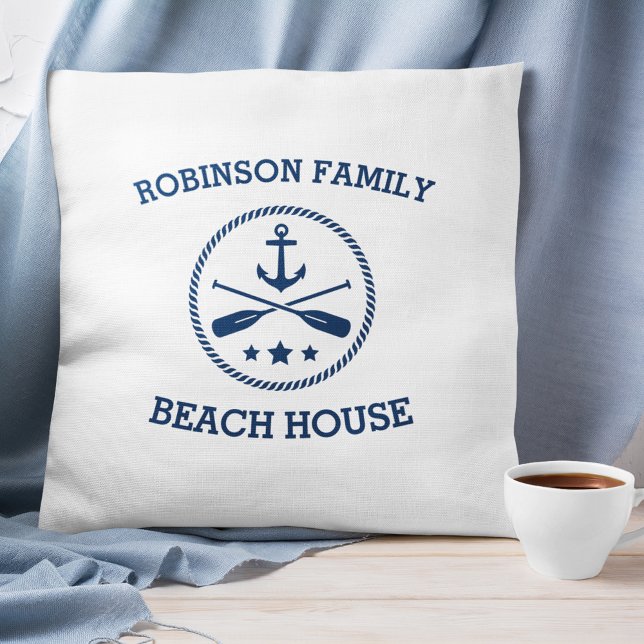 Coussin Votre Beach House Nom de famille Ancre Oars Stars (Créateur téléchargé)