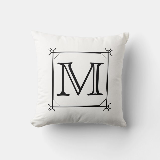 Coussin Votre lettre. Monogramme personnalisé.Noir et blan (Recto)