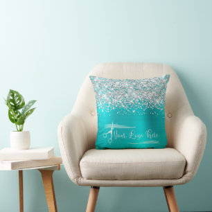 Coussin Votre logo Parties scintillant Argent Bleu Turquoi