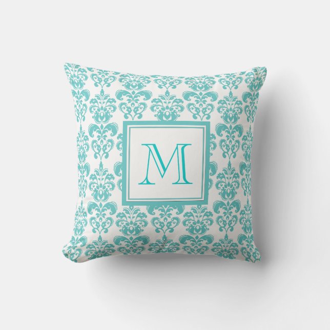 Coussin Votre monogramme, motif turquoise 2 de damassé (Recto)