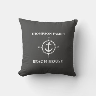 Coussin Votre nom Beach House Compass Ancre Gris