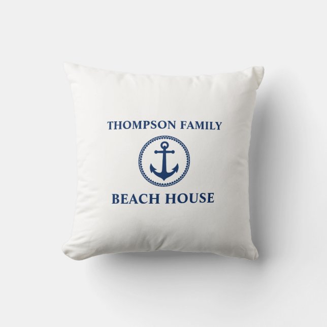 Coussin Votre nom Beach House Sea Ancre Marine Bleu Blanc (Recto)