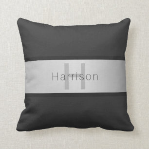 Coussin Votre nom & monogramme Gris & aspect argent faux