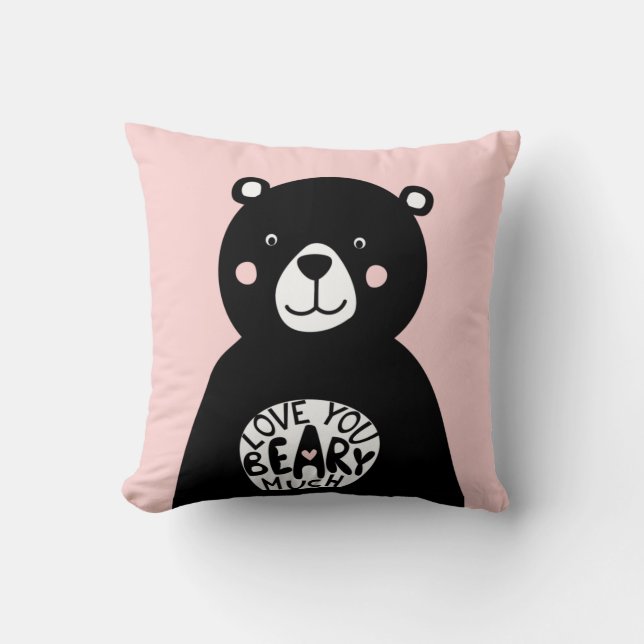 Coussin Vous aimez Beary Much Ours Noir Lettering Rose (Recto)