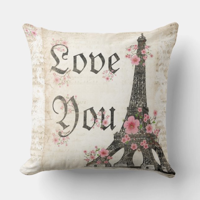 Coussin Vous aimez Paris romantique Fleurs de cerisier ros (Recto)
