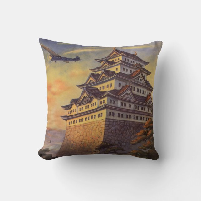 Coussin Voyage au Japon vintage, avion pagode japonaise (Recto)