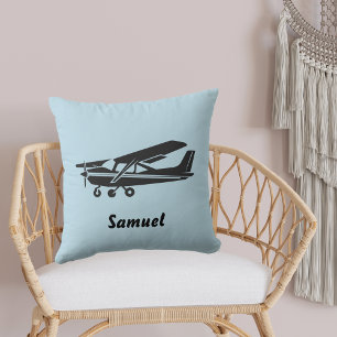 Coussin Voyage en avion noir Baby Shower, Aviation bleue
