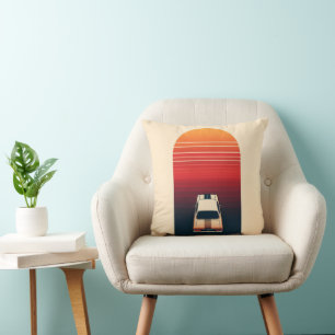 Coussin Voyage sur la route rétro minimaliste Coucher de s
