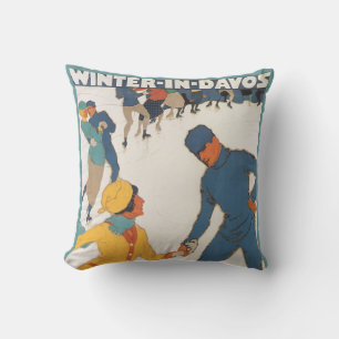 Coussin Voyage Vintage, Art Déco, Hiver Davos Suisse