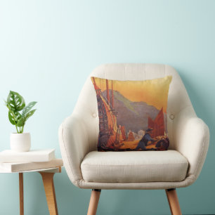 Coussin Voyage Vintage, Avion au-dessus de jonques à Hong