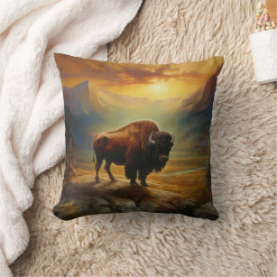 Coussin Vue du coucher de soleil de Bison Buffalo