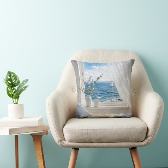 Coussin Vue sur l'océan dans une fenêtre de chambre (Chaise)