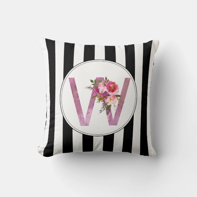 Coussin W, Floral Monogramme initial, fleur d'aquarelle (Recto)