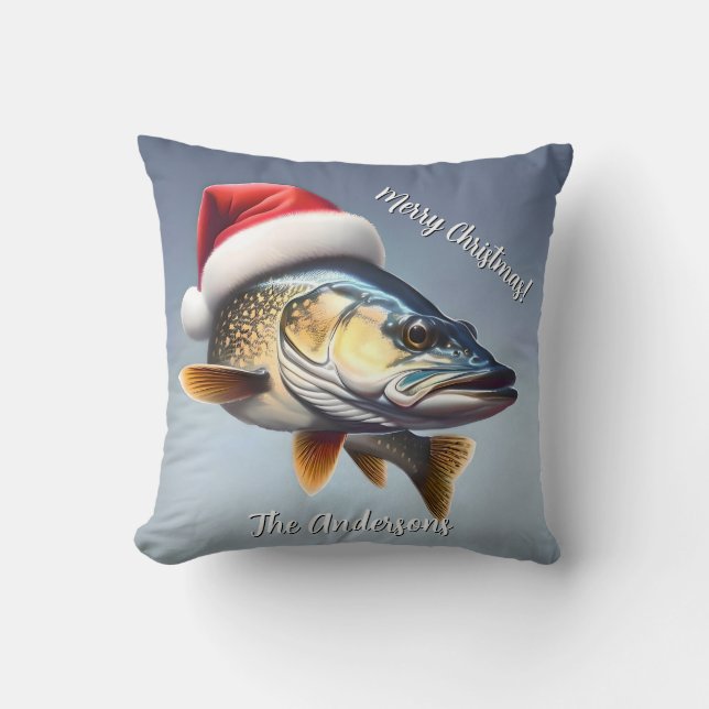 Coussin Walleye portant un chapeau de Père Noël (Recto)