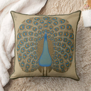 Coussin Walter Crane Or Art Peacock Bleu Or Vintage