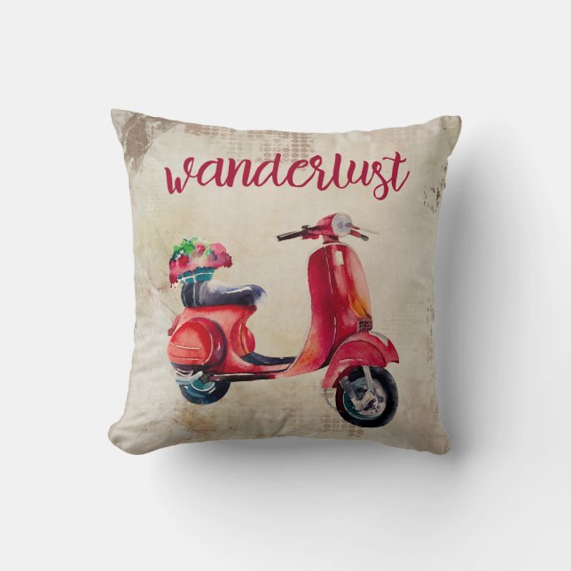 Coussin Wanderlust - Scooter aquarelle rouge | Vintage chi (Recto)