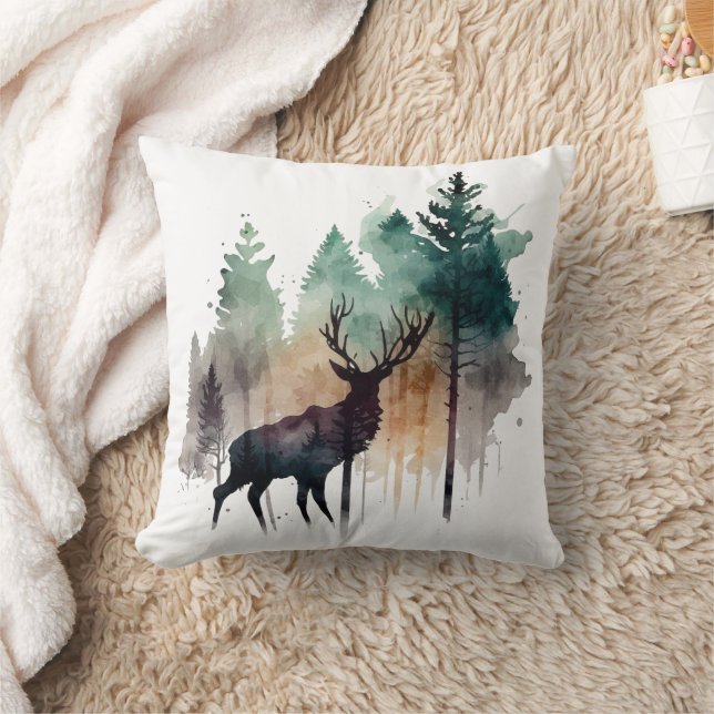 Coussin Watercolor Art Deer in Forest Trees Nature (Couverture)
