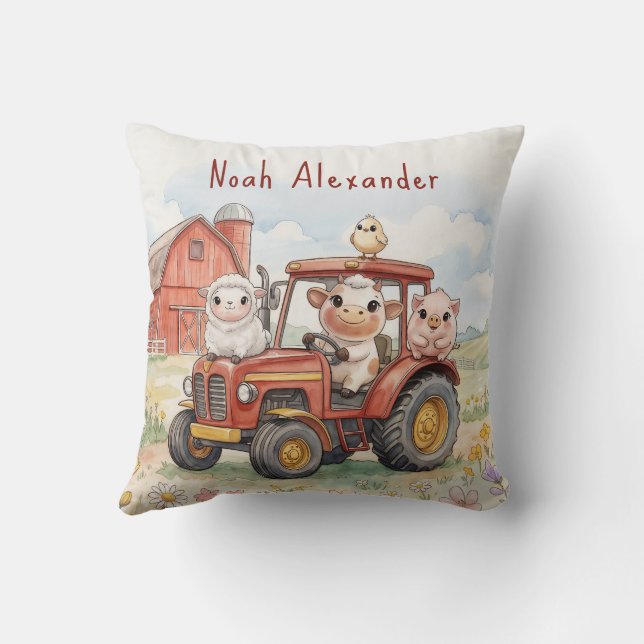 Coussin Watercolor Baby Animals Driving Red Tractor Farm (Verso)