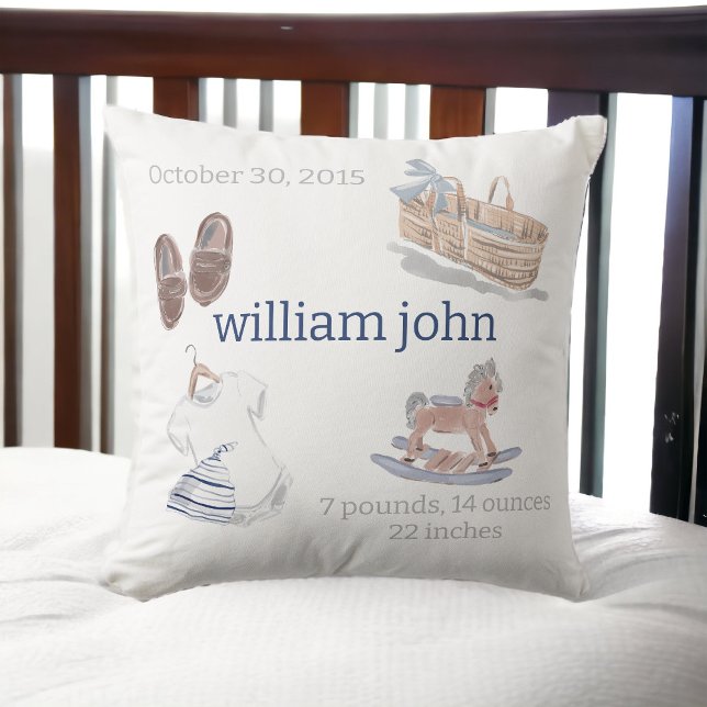 Coussin Watercolor Baby Boy Nursery Birth Stats Keepsaké (Créateur téléchargé)