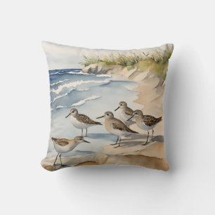 Coussin Watercolor Beach Scène Sandpipers Oiseaux de mer