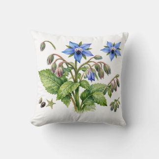 Coussin Watercolor Borage Herb Flowers and Leaves 