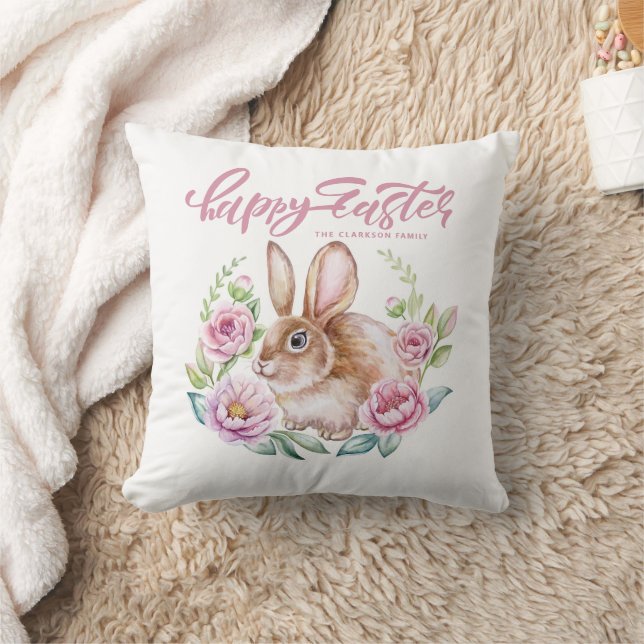 Coussin Watercolor Bunnt and Pink Floral Wreath Easter (Couverture)