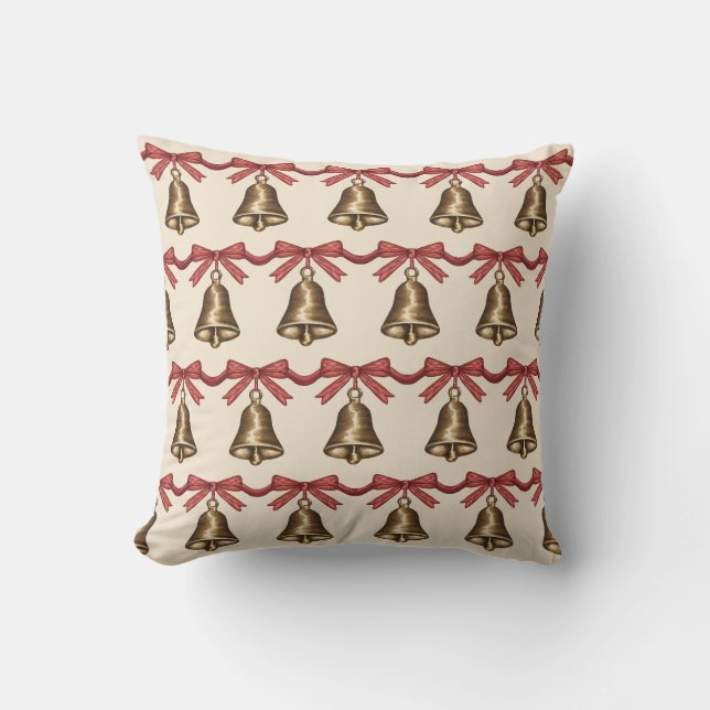 Coussin Watercolor Christmas Bells With Red Bows Pattern (Recto)