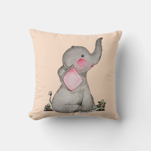 Coussin Watercolor Cute Baby Elephant With Blush & Flowers