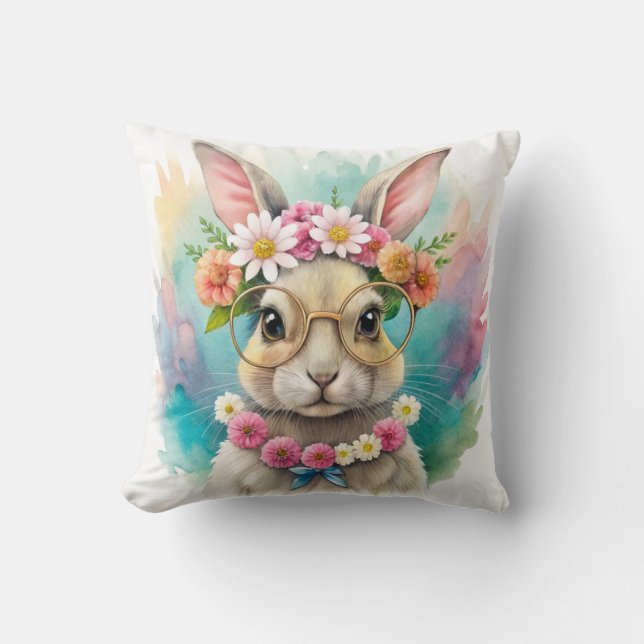 Coussin Watercolor Cute Rabbit Wildflowers (Recto)
