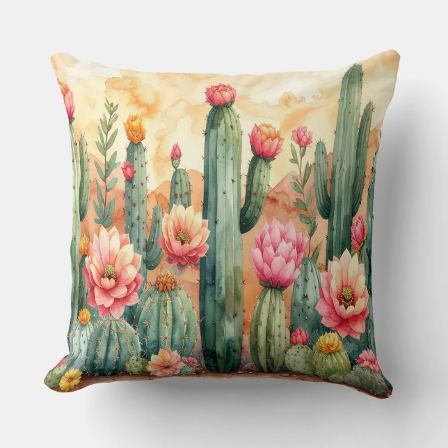 Coussin Watercolor Desert Cactus Garden Pillow (Recto)