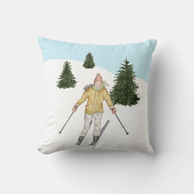 Coussin Watercolor Girl Skiing In Winter Slopes With Trees (Recto)