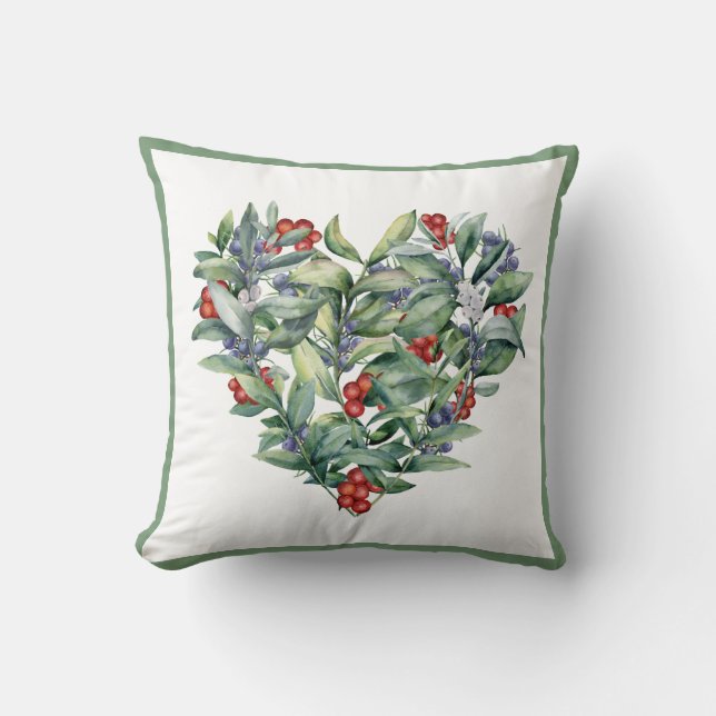 Coussin Watercolor Heart Berries Verdure (Recto)