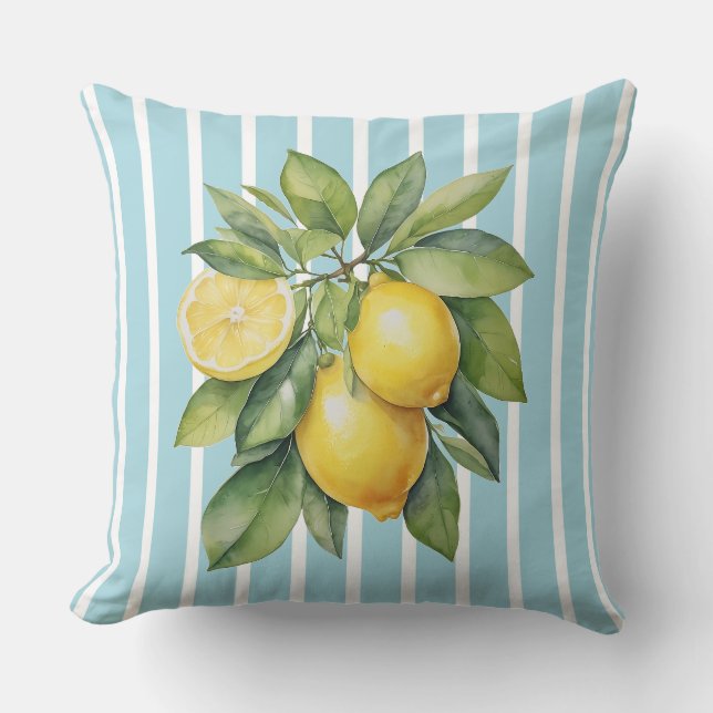 Coussin Watercolor Lemons on Blue Striped Background (Recto)