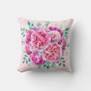 Coussin Watercolor Lush Pink Peonies & Green Teal Leaves