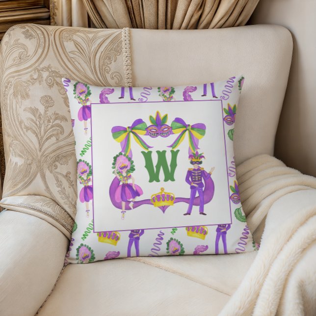 Coussin Watercolor Mardi Gras Monogram Crest Photo (Créateur téléchargé)