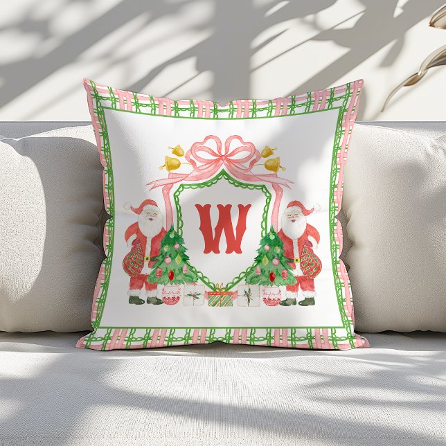 Coussin Watercolor Monogram Initial Plaid Santa Crest (Créateur téléchargé)