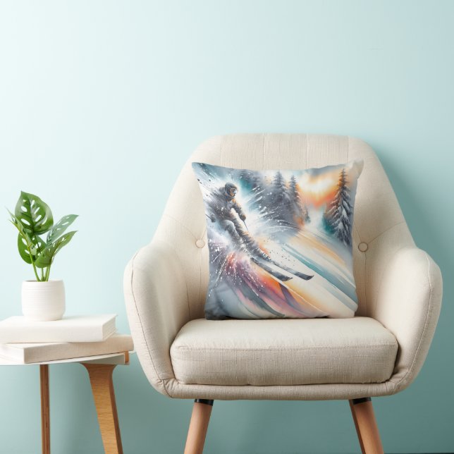 Coussin Watercolor Mountain Snow Ski (Chaise)