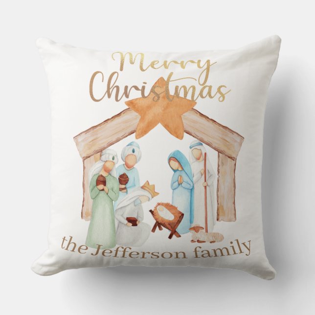 Coussin Watercolor Nativité Scène Joyeux Noël (Recto)