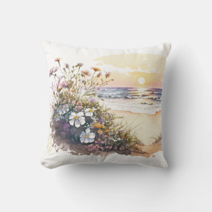 Coussin Watercolor Ocean Beach avec fleurs