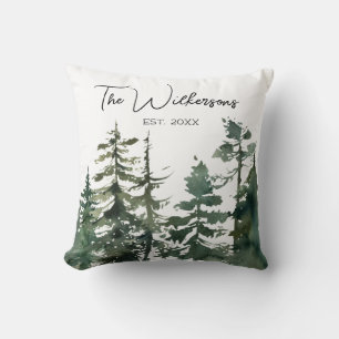 Coussin Watercolor Pine Tree Forest & Custom Nom de famill