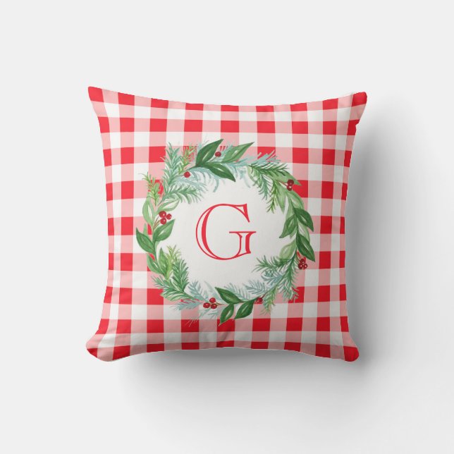 Coussin Watercolor Pine Wreath MONOGRAM Red Check (Recto)