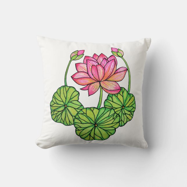 Coussin Watercolor Pink Lotus with Buds & Leaves (Recto)