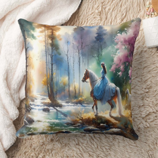 Coussin Watercolor River Horsewoman Forest Light (Couverture)