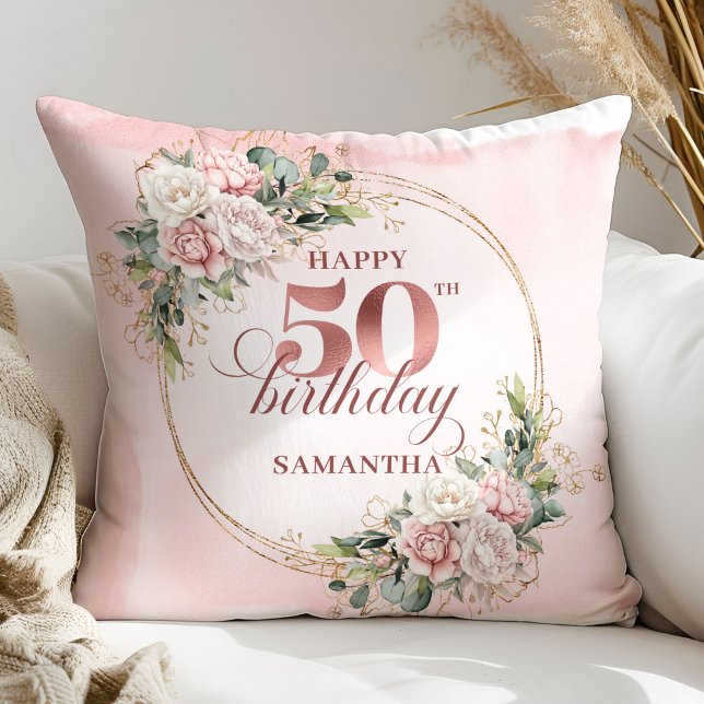 Coussin Watercolor Rose Gold 50th Birthday Pillow Gift (Watercolor Rose Gold 50th Birthday Pillow Gift)