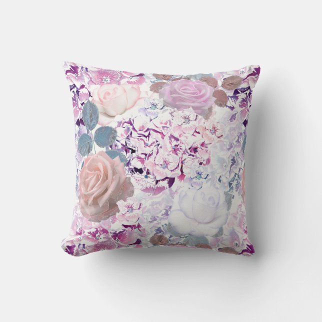 Coussin Watercolor roses et hydrangeas. (Recto)